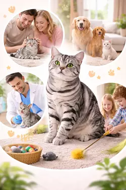 Gato American Shorthair como mascota ideal en familia, convivencia con niños y perros, cuidados, 
                      juego y bienestar felino en el hogar, gato doméstico sociable perfecto para familias con 
                      mascotas