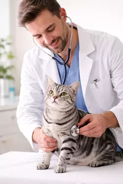 Veterinario revisando gato American Shorthair gris con estetoscopio, chequeo de salud felina 
                       profesional, cuidado veterinario para gatos domésticos, revisión médica preventiva ideal para 
                       bienestar animal