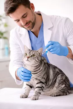 Veterinario vacunando gato American Shorthair gris, vacunación felina esencial para gatos 
                      domésticos, cuidado veterinario profesional y prevención de enfermedades en mascotas