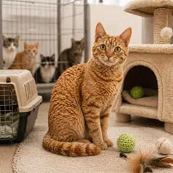 Gato American Wirehair naranja rojizo en refugio de animales con rascador y 
                       juguetes, escena de adopción de gatos en protectora, ideal para encontrar gatos 
                       en adopción responsables y cuidados felinos en casa.