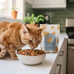Gato Americano de Pelo Duro comiendo pienso premium rico en proteína animal, dieta 
                       equilibrada grain free ideal para gatos adultos y saludables.