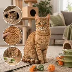Gato American Wirehair naranja rojizo jugando con juguetes interactivos y 
                          rascador tipo árbol en casa, gato doméstico activo ideal para enriquecimiento 
                          felino, cuidado de mascotas y entretenimiento para gatos.