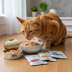 Gato Americano de Pelo Duro comiendo comida húmeda premium en casa, dieta natural 
                       rica en proteínas que favorece la hidratación y la salud felina.