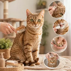 gato doméstico siendo cepillado y cuidado, higiene felina completa, 
                       cuidado del pelaje de gatos, limpieza de orejas dientes y uñas en 
                       gatos, rutina de grooming felino en casa