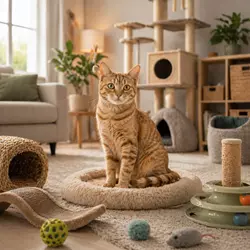 gato doméstico en casa con cama cómoda y juguetes, entorno ideal 
                       para gatos en interiores, enriquecimiento ambiental felino, 
                       accesorios para gatos hogar seguro y estimulación felina