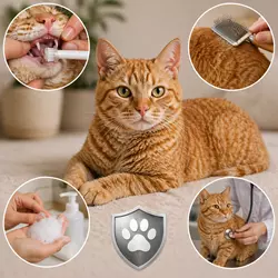 Gato American Wirehair anaranjado con escenas de cuidado dental, cepillado del 
                       pelaje, higiene de la piel y revisión veterinaria, guía completa de salud y 
                       cuidados para gatos domésticos resistentes y longevos