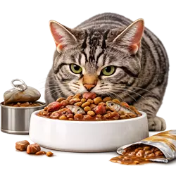 Gato americano de pelo duro comiendo comida húmeda