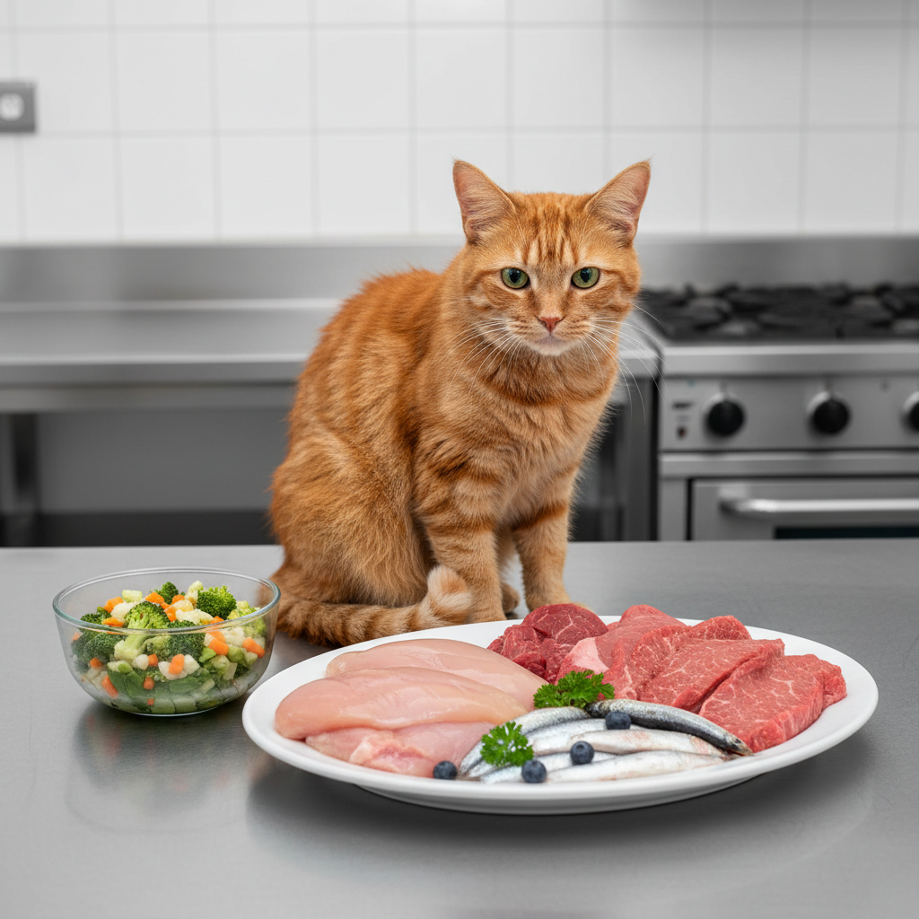 Gato americano de pelo duro sentado frente a plato con carne cruda, pollo y 
                       pescado junto a verduras, dieta BARF para gatos, alimentación natural felina, 
                       nutrición saludable para mascotas y comida cruda beneficios gatos