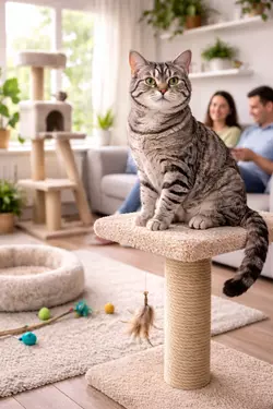 Gato americano de pelo duro atigrado en árbol rascador dentro de casa, ambiente ideal para 
                      gatos domésticos, enriquecimiento felino con juguetes y rascadores, mascota feliz en hogar 
                      moderno perfecta para amantes de los gatos