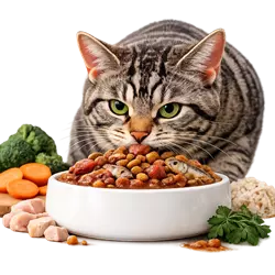 Gato americano de pelo duro atigrado comiendo comida natural para gatos con ingredientes 
                             frescos, dieta saludable y equilibrada, nutrición felina premium con verduras y proteína, 
                             mascota doméstica bien alimentada ideal para amantes de los gatos