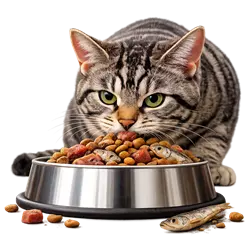 Gato americano de pelo duro atigrado comiendo pienso seco en plato, alimentación 
                              saludable para gatos, mascota doméstica bien cuidada, comida para gatos de alta 
                              calidad ideal para dueños responsables y amantes de los gatos