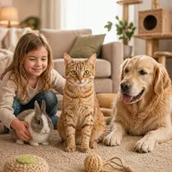 gato americano de pelo duro conviviendo con niño perro y conejo en casa, gatos
                          con niños y otras mascotas, comportamiento felino tranquilo y adaptable, 
                          ventajas de tener un gato doméstico familiar