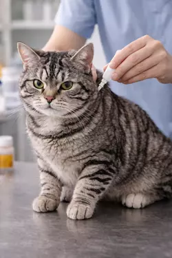 Gato americano de pelo duro atigrado recibiendo desparasitación en veterinario, cuidado preventivo 
                       para gatos domésticos, tratamiento antiparasitario seguro y salud felina óptima, mascota bien 
                       cuidada ideal para dueños responsables