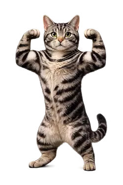 Gato americano de pelo duro atigrado posando de pie como musculoso, gato gracioso y 
                      divertido, mascota doméstica popular y adorable, imagen viral de gato fuerte ideal para 
                      amantes de los gatos