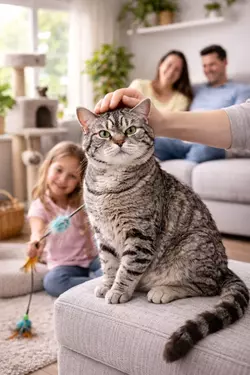 Gato americano de pelo duro atigrado siendo acariciado por familia feliz en casa, mascota 
                      doméstica cariñosa y sociable, convivencia perfecta con niños, gato ideal para hogar moderno y 
                      amantes de los animales