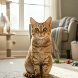 Gato Americano de Pelo Duro naranja rojizo sentado en casa, mostrando su pelaje 
                       rizado característico y expresión tranquila, ideal para familias y amantes de los
                       gatos domésticos.