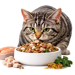 Gato americano de pelo duro atigrado comiendo alimento con omega 3 y proteínas, dieta saludable 
                             para gatos domésticos, nutrición felina premium para pelo brillante y salud óptima, mascota bien 
                             cuidada ideal para amantes de los gatos