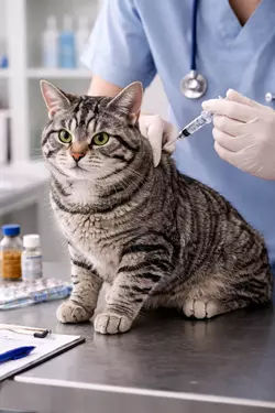 Gato americano de pelo duro recibiendo vacuna en veterinario, vacunación felina esencial 
                      para salud y prevención de enfermedades, cuidado profesional de mascotas domésticas, gato 
                      atigrado en consulta veterinaria ideal para dueños responsables
