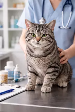 Gato americano de pelo duro atigrado en consulta veterinaria, revisión de salud para 
                       gatos domésticos, cuidado profesional y chequeo médico felino, mascota bien cuidada 
                       ideal para dueños responsables y amantes de los gatos