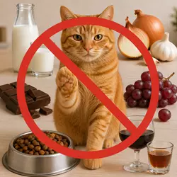 Gato americano de pelo duro anaranjado con símbolo de prohibido sobre alimentos 
                       tóxicos para gatos como leche, chocolate, uvas, cebolla y alcohol, concepto de 
                       alimentación segura para mascotas y prevención de intoxicaciones felinas