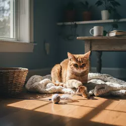 Gato Americano de Pelo Duro jugando con juguetes en casa, raza de gato tranquila 
                       y adaptable disfrutando de actividad moderada y estimulación mental diaria.