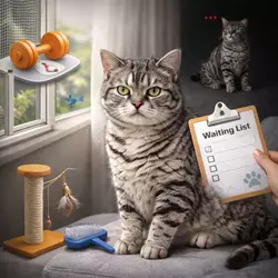 Gato americano de pelo duro en casa con elementos de cuidado, ejercicio y 
                      estimulación, retos y necesidades de esta raza de gato doméstico, mascota 
                      independiente que requiere atención, juego y cuidados específicos para su 
                      bienestar