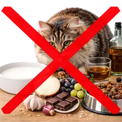 Alimentos prohibidos para gato americano de pelo largo como chocolate, cebolla, alcohol y 
                       lácteos marcados con símbolo de peligro, guía de alimentación segura para gatos domésticos, 
                       evita comida tóxica y protege la salud de tu mascota felina ideal para dueños responsables