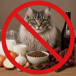 gato de pelo largo con señal de prohibido sobre alimentos tóxicos para gatos 
                       como leche cebolla ajo uvas chocolate y alcohol que deben evitarse en la 
                       alimentación felina saludable