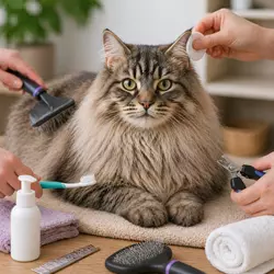gato americano de pelo largo durante rutina de higiene con 
                          cepillado limpieza de orejas corte de uñas y cuidado dental 
                          para mantener el pelaje brillante y la salud del 
                          gato doméstico