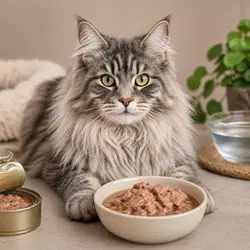 gato de pelo largo comiendo comida húmeda para gatos en lata, alimentación 
                       natural rica en proteína y alta hidratación para gatos domésticos saludables
