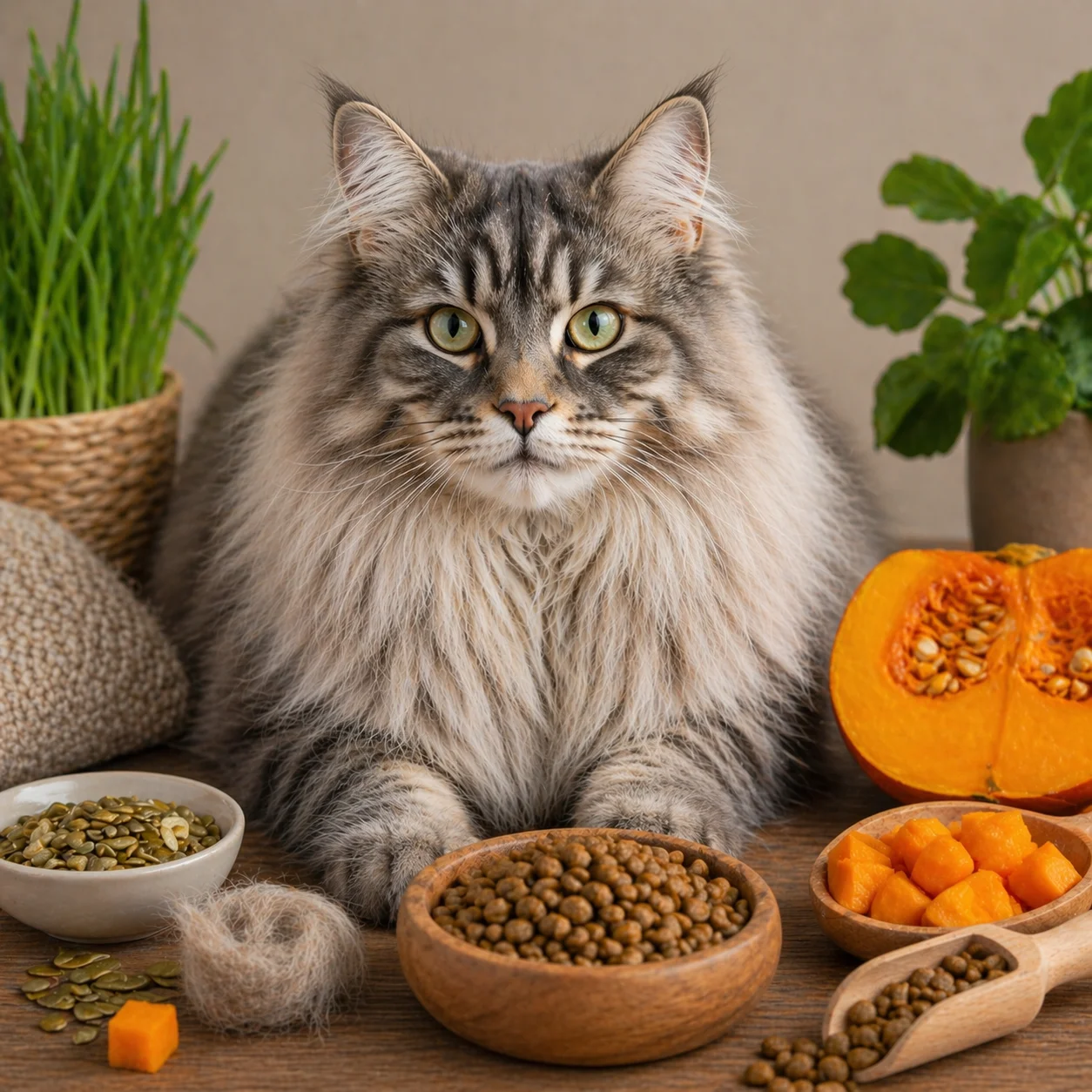 gato de pelo largo con alimentos ricos en fibra como calabaza y pienso especial
                       para el control de bolas de pelo y mejorar la digestión en gatos domésticos