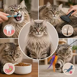 cuidados del gato americano de pelo largo con cepillado del pelaje limpieza 
                          dental alimentación equilibrada y juego para mantener la salud y prevenir 
                          problemas digestivos y sobrepeso en gatos domésticos