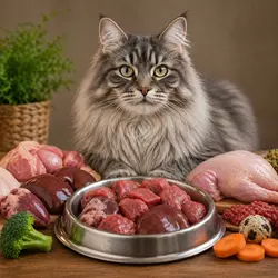 gato de pelo largo frente a dieta BARF para gatos con carne cruda, vísceras y 
                       alimentos naturales ricos en proteína para una alimentación felina saludable y 
                       equilibrada
