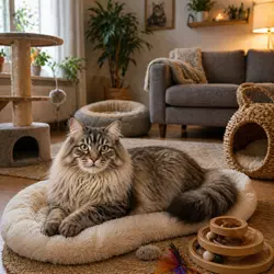 gato americano de pelo largo descansando en un entorno ideal dentro del 
                          hogar con cama cómoda rascador y juguetes en un ambiente tranquilo perfecto
                          para gatos domésticos