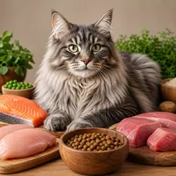 gato americano de pelo largo con comida rica en proteína animal, pienso seco 
                       premium, pollo y pescado, alimentación saludable para gatos domésticos 
                       carnívoros