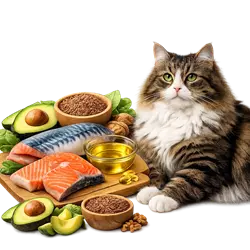 Gato americano de pelo largo junto a alimentos ricos en omega 3 como pescado y aguacate, dieta 
                       saludable para gatos domésticos, nutrición felina para pelaje brillante y fuerte, comida natural ideal 
                       para amantes de los gatos y dueños responsables