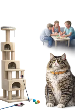 Gato americano de pelo largo en hogar con rascador y juguetes, ambiente ideal para gatos 
                      domésticos, enriquecimiento felino con familia y actividades, mascota feliz y bien 
                      adaptada en casa perfecta para amantes de los gatos