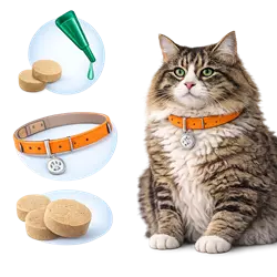 Gato americano de pelo largo con collar antiparasitario y productos como pipetas y pastillas, 
                          desparasitación completa para gatos domésticos, prevención de pulgas y garrapatas, cuidado de salud 
                          felina ideal para dueños responsables