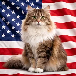 Gato americano de pelo largo atigrado frente a la bandera de Estados Unidos, raza de 
                       gato elegante y esponjosa, mascota doméstica popular de origen estadounidense, 
                       imagen llamativa ideal para amantes de los gatos y contenido viral