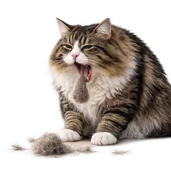 Gato americano de pelo largo expulsando bola de pelo, problema común en gatos 
                       domésticos de pelo largo, salud digestiva felina y prevención de bolas de pelo, 
                       mascota con pelaje abundante que requiere cuidados específicos