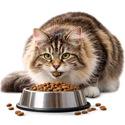 Gato americano de pelo largo atigrado comiendo pienso seco en plato, alimentación 
                          saludable para gatos domésticos, comida premium para gatos con proteínas de alta 
                          calidad, mascota bien cuidada ideal para dueños responsables y amantes de los gatos