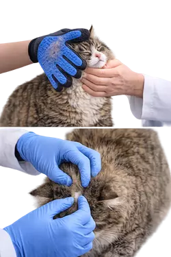 Gato americano de pelo largo siendo revisado y cuidado en su pelaje, higiene y 
                       acicalamiento felino, mantenimiento del pelo largo para evitar nudos y parásitos, 
                       mascota doméstica bien cuidada ideal para dueños responsables