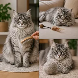 Gato Americano de pelo largo siendo cepillado y jugando en casa, cuidados esenciales, 
                       prevención de bolas de pelo, gato doméstico saludable y activo