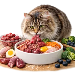 Gato americano de pelo largo atigrado comiendo dieta BARF con carne cruda y alimentos 
                       naturales, alimentación saludable para gatos domésticos, nutrición felina rica en proteínas 
                       y omega ideal para dueños responsables y amantes de los gatos