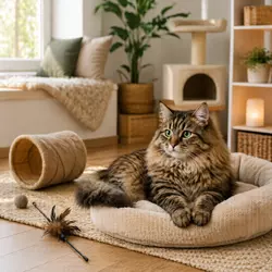 Gato americano de pelo largo descansando en una cama para gatos en un salón 
                         acogedor, con juguetes y rascador, mostrando un gato doméstico tranquilo que 
                         disfruta de un ambiente relajado y cómodo en el hogar