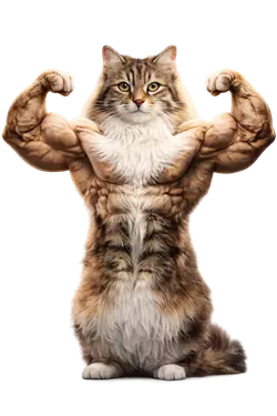 Gato americano de pelo largo atigrado posando como musculoso, gato divertido y viral en 
                      internet, mascota doméstica esponjosa y fuerte, imagen graciosa de gato fuerte ideal para 
                      amantes de los gatos y contenido viral