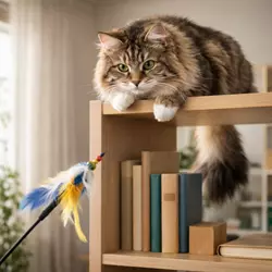 Gato americano de pelo largo atigrado jugando con juguete en estantería, 
                         comportamiento activo y curioso de gato doméstico, mascota inteligente y entretenida 
                         ideal para hogar con enriquecimiento felino y amantes de los gatos