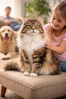 Gato americano de pelo largo atigrado siendo acariciado por niña en casa, mascota 
                       doméstica cariñosa y sociable, convivencia con perros y familia, gato ideal para hogar 
                       con niños y amantes de los animales