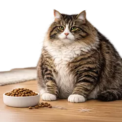 Gato americano de pelo largo con sobrepeso junto a comida para gatos, control de peso y 
                       alimentación saludable felina, dieta equilibrada para evitar obesidad en gatos domésticos, 
                       mascota con pelaje abundante que necesita cuidados nutricionales