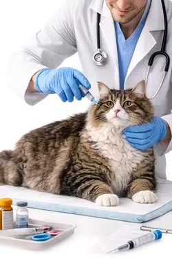 Gato americano de pelo largo recibiendo vacuna en veterinario, vacunación felina para prevenir 
                      enfermedades, cuidado de salud en gatos domésticos, mascota con pelaje abundante en consulta 
                      médica ideal para dueños responsables